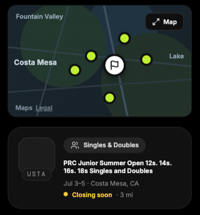 The TNNS HEAD app: a map of nearby junior tournaments and an event closing soon